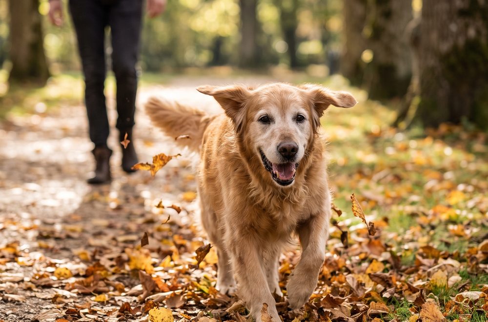 Golden retriever senior qui court dans les feuilles