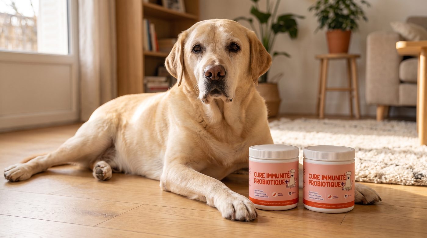 Labrador senior allongé à côté de deux pots HUSHH