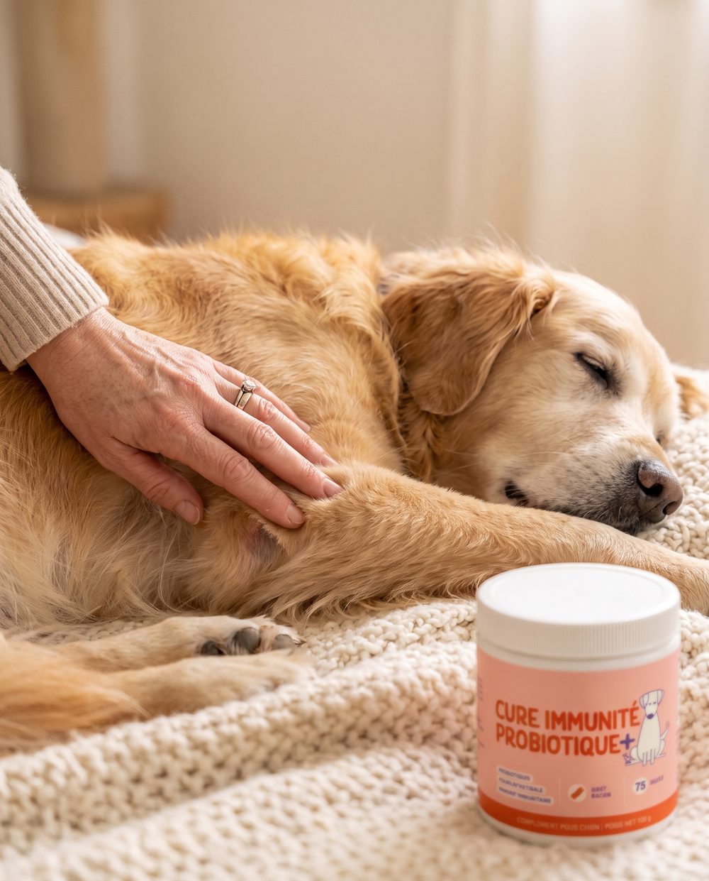 Main qui caresse un golden retriever senior